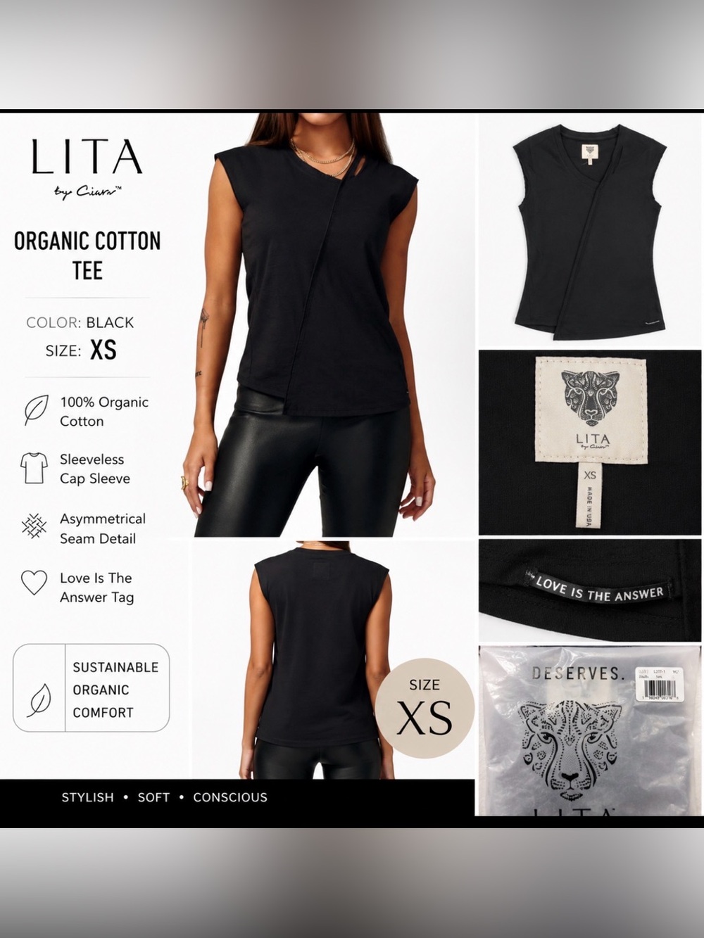 LITA by Cianni Organic Cotton Asymmetrical Tee – XS – Black – NWT by